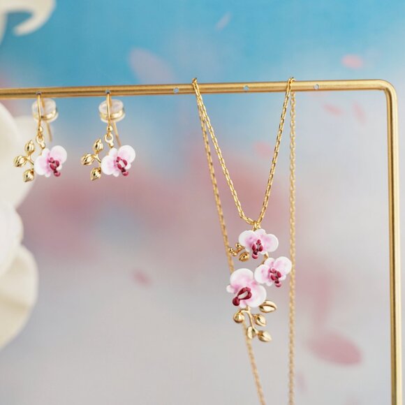 Pink orchid enamel earrings - Picture 9 of 9